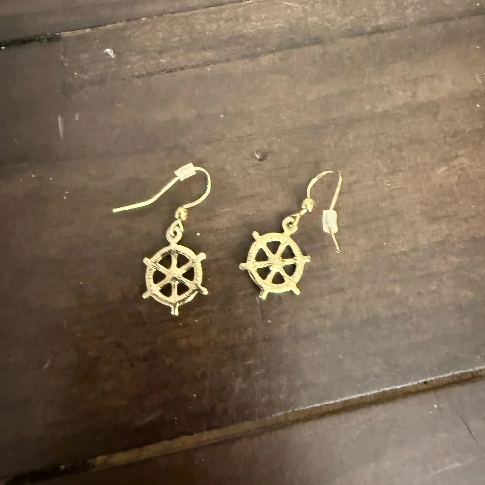 Gold and Red Nautical Wheel Earrings